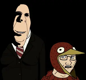 agent 47, cobson, soyak, soyak (concerned), 2soyjaks, animal, beak, bird, bird costume, biting lip