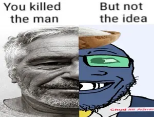 jeffrey epstein, markiplier soyjak, 1soyjak, bald, black eyes, blue background, blue eyes, closed mouth, clothes, gray hair