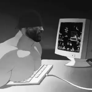 gigachad, soldier (team fortress 2), animated, beard, breasts, buff, closed mouth, clothes, combat helmet, computer
