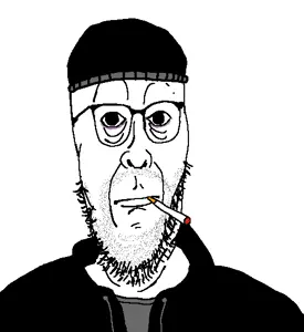 doomer wojak, wojak, cobbert, eastern doomers, 1soyjak, beanie, black eyes, cigarette, closed mouth, clothes