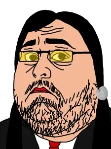 obese chudnugget, 1soyjak, beard, black eyes, black hair, chubby, closed mouth, clothes, front view, glasses