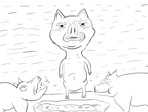animal, confused, crumbs, ear, ears, eating, hooves, monochrome, pig, pig nose