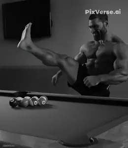 gigachad, ball, beard, billiards, black eyes, black hair, blowing, breaking, breathing, buff