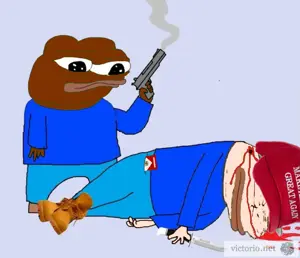 pepe, 2nas, anti white, black eyes, black skin, blood, blue background, blue shirt, boot, closed mouth