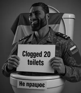 gigachad, black and white, english text, military, military uniform, russia ukraine war, russo ukrainian war, text, toilet, ukrainian text