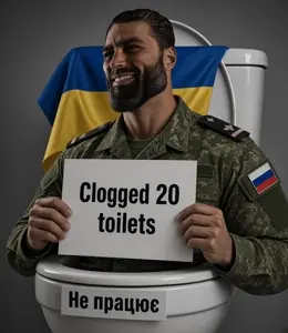 gigachad, color, military, military uniform, russia ukraine war, smiling face, text, toilet, ukrainian text, russia