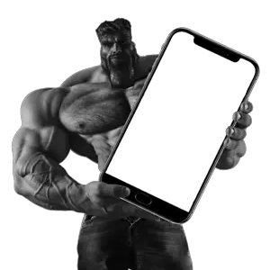 gigachad, animal, beard, buff, cellphone, cellphono, ernest khalimov, gray skin, hair, holding object
