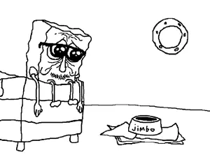 spongebob squarepants, sadbob, unknown, 1soyjak, bald, bed, black eyes, bowl, closed mouth, fat