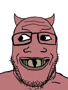 markiplier soyjak, grinlook poggers, grinplier, 1soyjak, bald, black eyes, buck teeth, clenched teeth, demon, demon horns