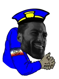 gigachad, happy merchant, anti pedophilia, armband, beard, black hair, body, body only, clothes, failtroll
