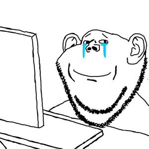 impish soyak ears, 1soyjak, bald, black eyes, closed mouth, computer, crying, desk, ear, keyboard