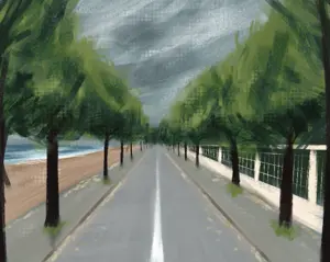background, beach, cloud, cloudy, drawn background, fence, nature, road, sky, tree