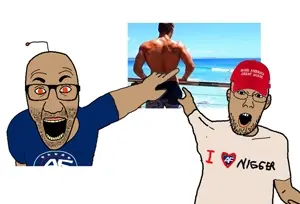 el perro rabioso, shirtjak, two pointing soyjaks, america first, arm, bronze age pervert, brown skin, clothes, glasses, hat