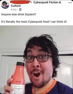 medsjak, irl soyjaks, 1soyjak, black eyes, black hair, clothes, cyberpunk, drink, english text, excited