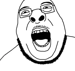 chugsjak, goodchug, 1soyjak, badlandschugs, bald, black eyes, fat, front view, gaping mouth, glasses