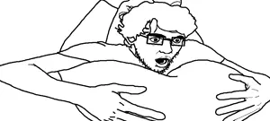 dreamjak, useful soys, 1soyjak, big eyes, dream, fluffy hair, glasses, gymnastic, holding object with two hands, ias