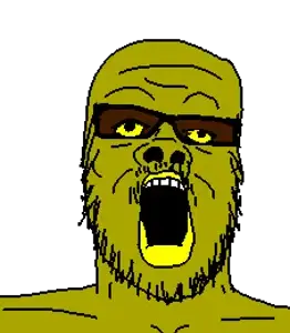 a24 slowburn soyjak, 1soyjak, bald, black eyes, front view, gaping mouth, glasses, gold, gold skin, golden