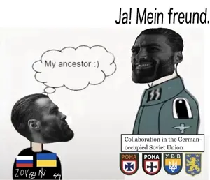 gigachad, gigachaded, azov battalion, black eyes, black hair, english text, german text, gray skin, hair, looking to the left
