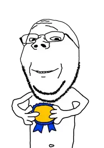gapejak, wholesome soyjak, 1soyjak, award, awards, badge, bald, black eyes, half body, half open mouth