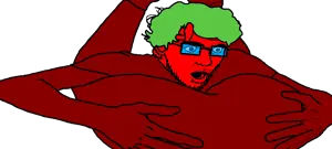 dreamjak, 1soyjak, almost full body, beetroot, black eyes, blue glasses, dream, gaping mouth, glasses, green hair