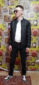 kuzjak, irl soyjaks, 1soyjak, air jordans, black jacket, brown hair, closed mouth, clothes, drip, dripped out