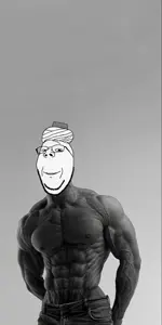 gigachad, gapejak, wholesome soyjak, abs, arm, buff, clothes, fez, glasses, gray background