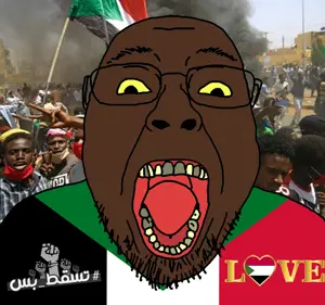 bernd, black skin, bloodshot eyes, flag, glasses, irl background, open mouth, sudan