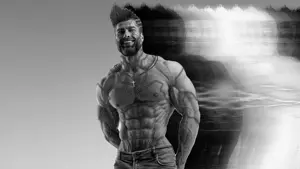gigachad, 1nas, beard, black hair, buff, clothes, cross, cyberpunk, david martinez, front view
