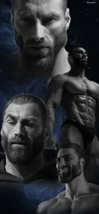 gigachad, 4nas, beard, black hair, buff, closed mouth, front view, gray skin, hair, half open mouth