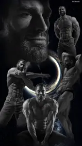 gigachad, 5nas, beard, black hair, black hole, buff, closed mouth, front view, gray skin, hair