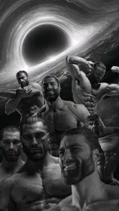 gigachad, terachad, beard, black hair, black hole, buff, closed mouth, front view, gray skin, hair