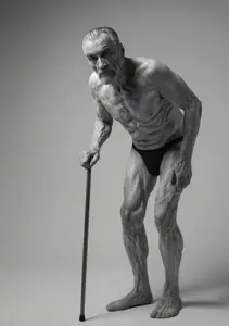 gigachad, old gigachad, beard, black hair, cane, closed mouth, full body, gray background, gray hair, gray skin