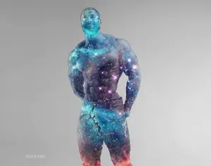 gigachad, 1nas, almost full body, beard, black hair, buff, closed mouth, clothes, cosmic skin, front view