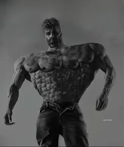 gigachad, almost full body, beard, black hair, buff, closed mouth, clothes, front view, gray background, gray skin