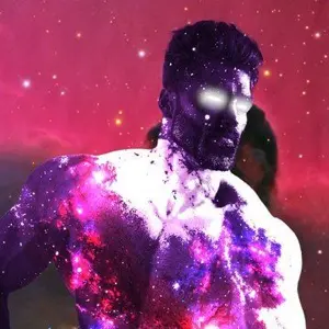 gigachad, 1nas, almost full body, beard, black hair, buff, closed mouth, clothes, cosmic skin, glowing eyes
