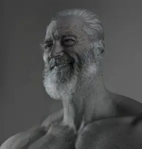 gigachad, old gigachad, 1nas, beard, black hair, buff, gray background, gray skin, hair, half open mouth