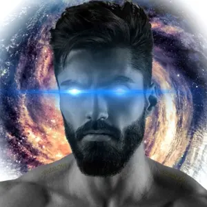 gigachad, 1nas, beard, black hair, buff, closed mouth, front view, galaxy, glowing eyes, gray skin