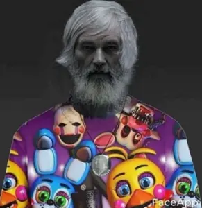 freddy fazbear, gigachad, old gigachad, 1nas, beard, black hair, bonnie (fnaf), buff, chica (fnaf), closed mouth