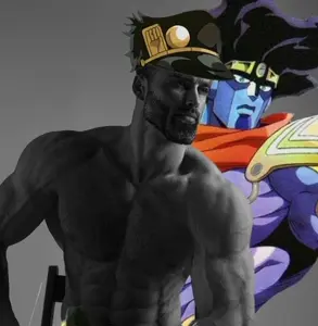 gigachad, jotaro kujo, anime, beard, black hair, buff, cleavage, closed mouth, front view, hair