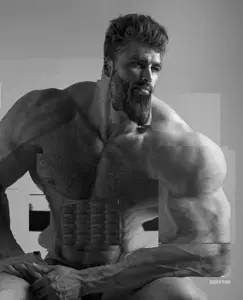 gigachad, beard, black hair, buff, closed mouth, front view, hair, medium hair, no glasses, open eyes