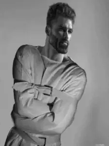 gigachad, beard, black hair, buff, closed mouth, front view, hair, medium hair, no glasses, open eyes