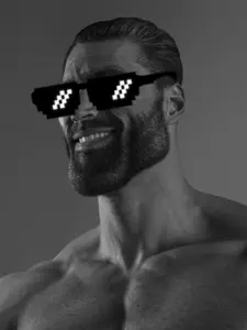 gigachad, 1nas, beard, black hair, buff, glasses, gray background, gray skin, hair, half open mouth