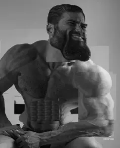 gigachad, beard, black hair, buff, closed mouth, front view, hair, medium hair, no glasses, open eyes