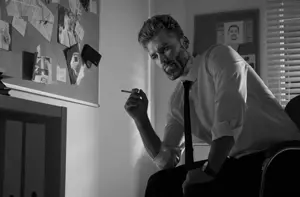 gigachad, 1nas, beard, black hair, buff, closed mouth, clothes, gray skin, hair, holding cigarette