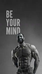 gigachad, 1nas, beard, black hair, buff, clothes, front view, gray background, gray skin, hair