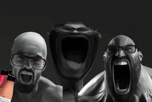 gigachad, gigayell, 3nas, 3soyjaks, bald, beard, black hair, buff, drink, front view