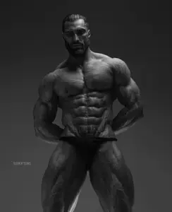 gigachad, classic gigas, almost full body, beard, black hair, buff, closed mouth, front view, gray background, gray skin