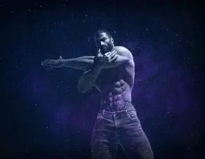 gigachad, 1nas, almost full body, beard, black hair, buff, closed mouth, clothes, front view, gray skin