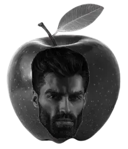 gigachad, fruiterz!, apple, beard, black hair, closed mouth, ear, food, front view, fruit