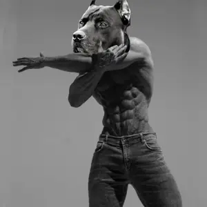 gigachad, animal, buff, closed mouth, clothes, dog, dog ear, dog ears, ear, ears